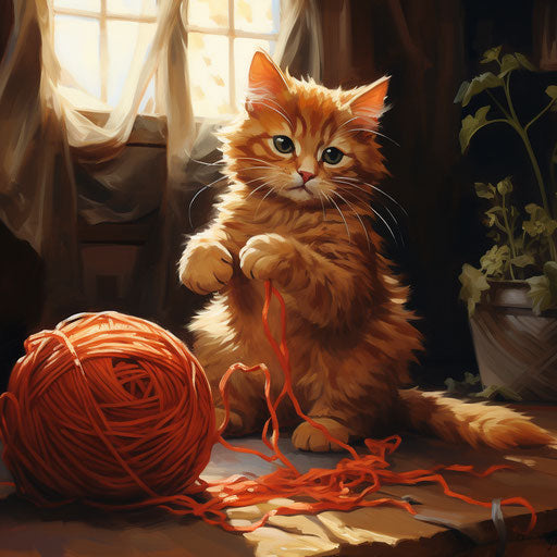 Orange cat playing with yarn