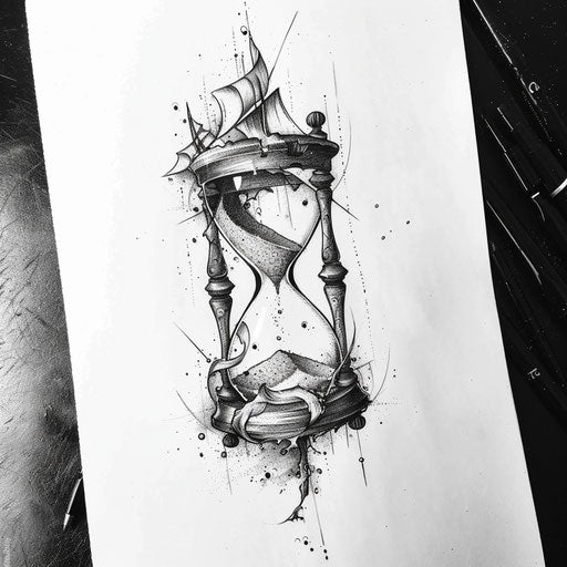 Flat tattoo sketch of an enigmatic hourglass with sand flowing upward