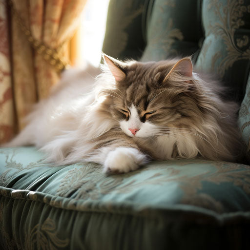 Norwegian forest cat sleeping on a couch
