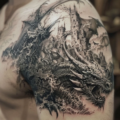 Epic fantasy shoulder tattoo with mythical creatures and ancient ruins