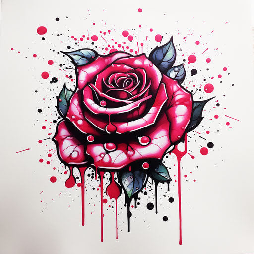 A pink rose on white background with black dots, bold graffiti style