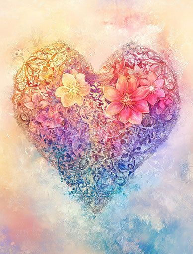 Colorful mandala heart with flowers and butterflies, dreamy atmosphere