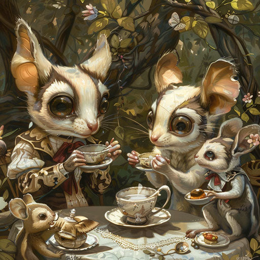 A sugar glider joins a tea party with fellow forest creatures