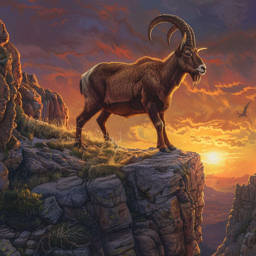 Ibex on rocky cliff at sunset