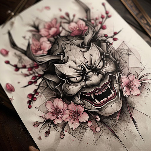 Stylish flat tattoo sketch of a Hannya mask embellished with cherry blossoms