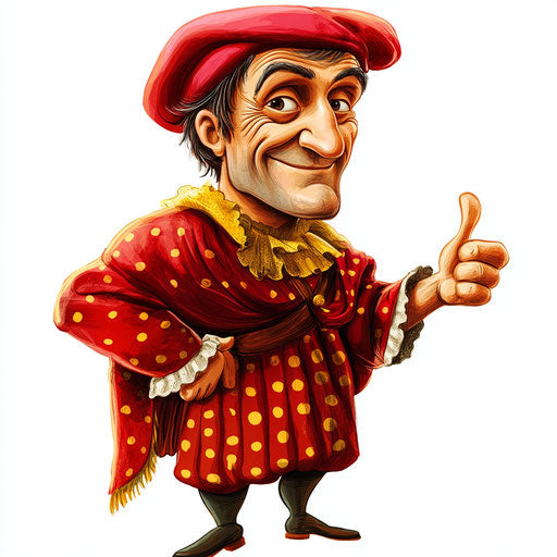 Humorous caricature of a Dante Alighieri illustration with human characteristics, exaggerated expressive eyes, short legs, polka-dotted, vibrant colors, cartoon style, thumbs up, high resolution, no background, isolated