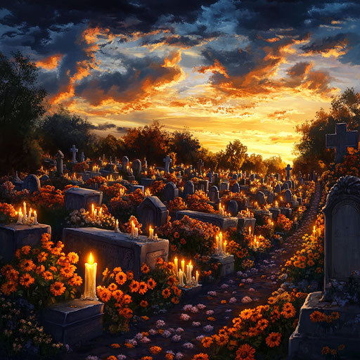 Candlelit cemetery with marigolds and flickering candles
