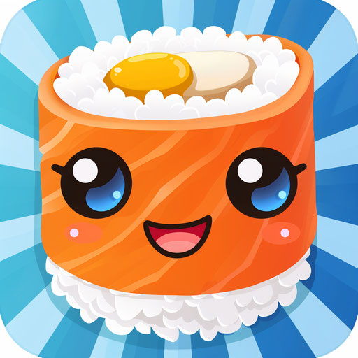 Cute cartoon sushi roll with salmon and rice on blue