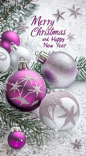 Merry Christmas and Happy New Year white, silver, purple