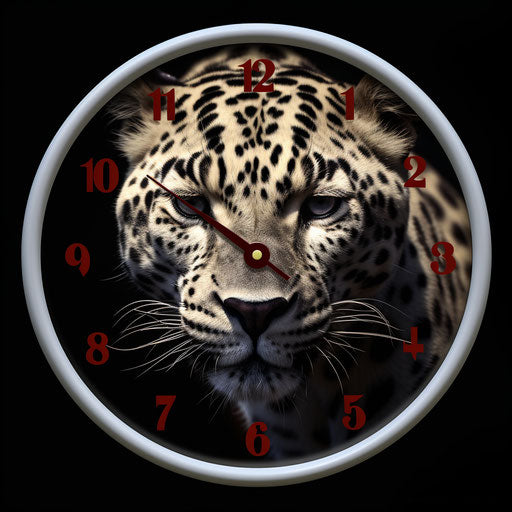 Free wall clock with white jaguar, animated GIF style, black background, HD, dark brown and red, National Geographic photo, dynamic pose, album covers