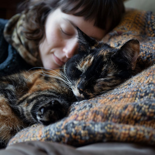 Tortoise cat sleeping on a couch with its owner