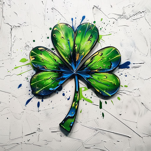 Graffiti-style shamrock tattoo with vibrant green and blue spray paint effects on white urban wall texture