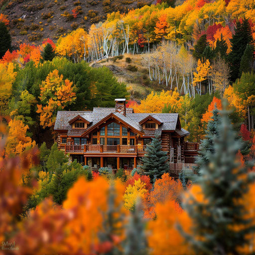 Mountain lodge surrounded by vibrant autumn foliage
