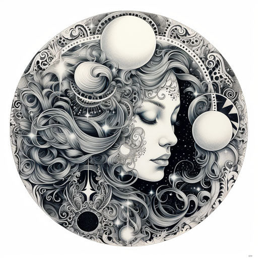 Black and white drawing of a female face on the moon
