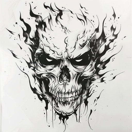 Flaming skull, symbol of power, tattoo on white backdrop