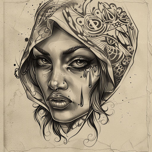 Sketch of a Chicano art female face tattoo
