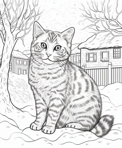 Cat Playing in Snowman Winter Scene