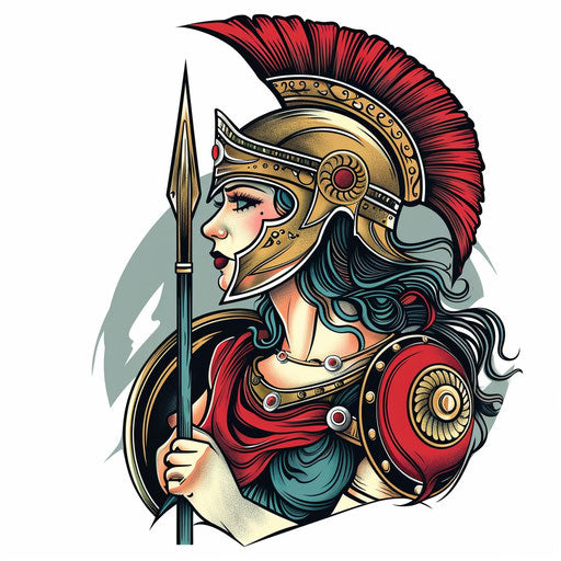 Warrior goddess with spear and shield, neo-traditional tattoo design