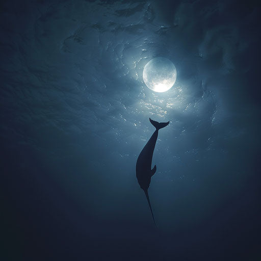 Shadow of narwhal on seabed, swimming under full moon