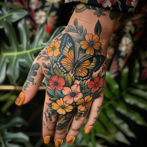 Hand tattoo: butterfly and flowers, Merian style