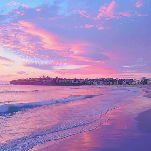 Bondi Beach, Australia at dusk with pink and purple sky