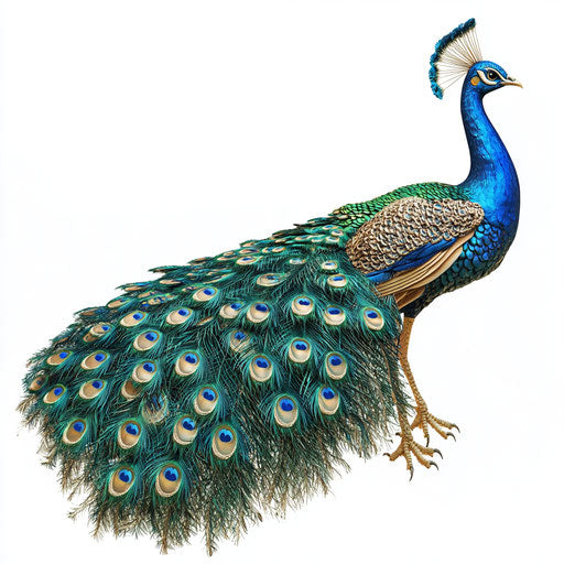 3D peacock in photo realistic style on flat white background, isolated clipart