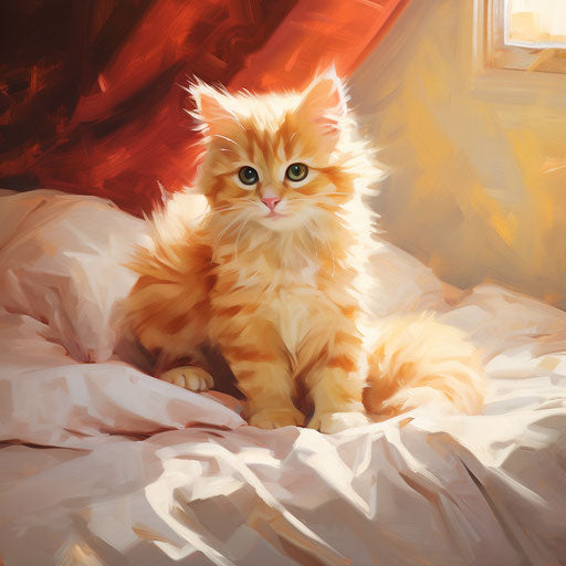 Orange kitten standing, light maroon and light gold style