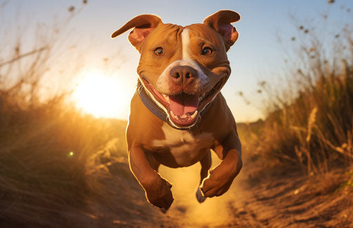 Joyful pit bull mix in light brown and crimson
