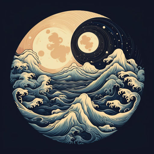 Vintage ink illustration of moon and sun precarious balance