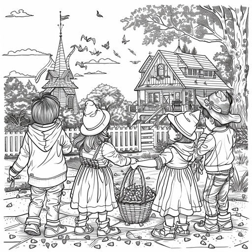 Children collecting candy in baskets for Halloween