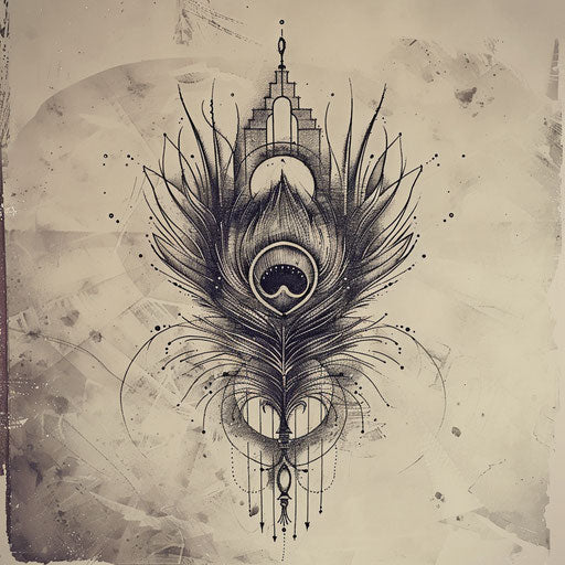 Gothic peacock feather tattoo sketch in dark tones with architectural elements