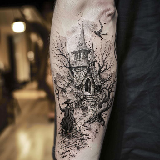 Epic fantasy tattoos with wizards and enchanted forests