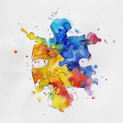 Watercolor tattoo design of puzzle piece, vibrant colors on white background