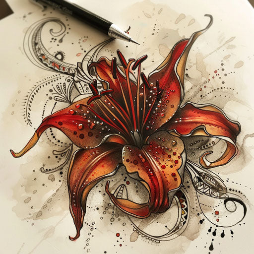 Boho chic style tattoo sketch of a red spider lily with paisley patterns and earthy tones