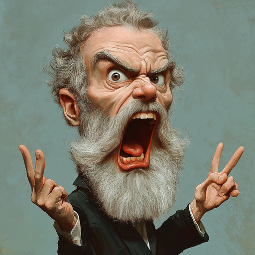 Humorous caricature of a Ludwig Feuerbach caricature clipart with human characteristics, exaggerated wide mouth, hands with fingers, soft lighting, vibrant colors, cartoon style, angry, high resolution, isolated