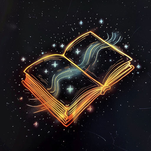 Elegant flat tattoo sketch of an enchanted book with glowing pages