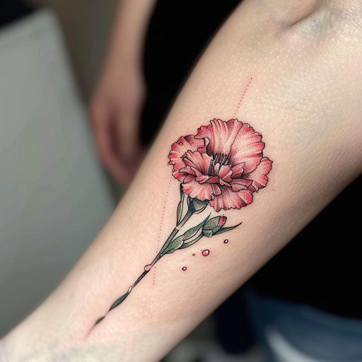 Realistic carnation tattoo with dewdrops on petals
