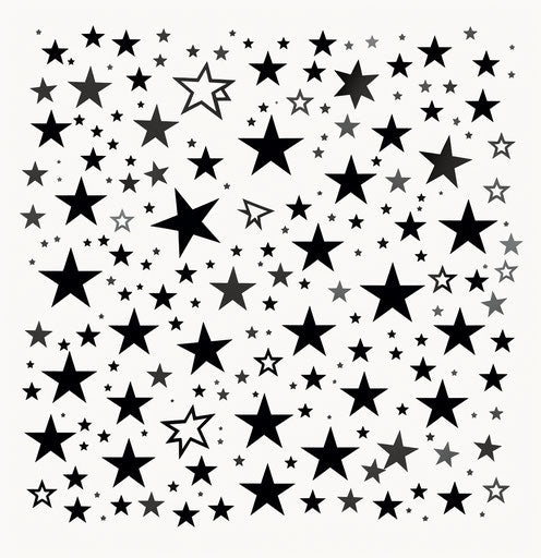 Star free icon in black & white, whimsical drawings style, scattered composition 75:77