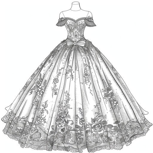 Beautiful ball gown with lace and floral patterns. Coloring book page