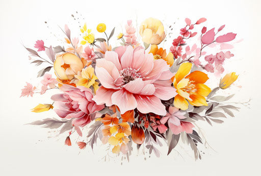 Pink and yellow flower bouquet on white background