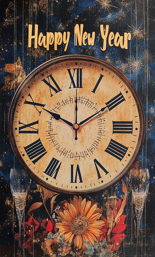 New Year's Eve clock with champagne glasses and glitter