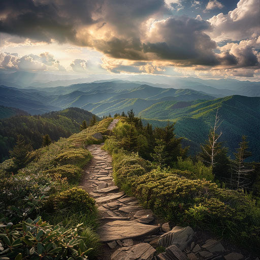 Hiking trails in the Great Smoky Mountains with dramatic clouds