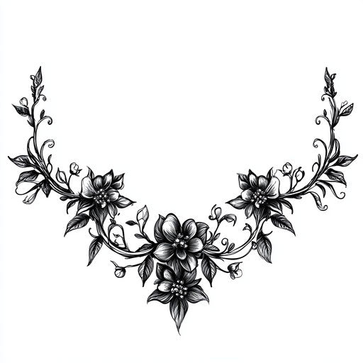 Flat tattoo sketch clipart for women, detailed black ink floral vine design