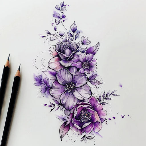 Elegant sketch of a flat floral tattoo of a neda tattoo with delicate rose and violet hues