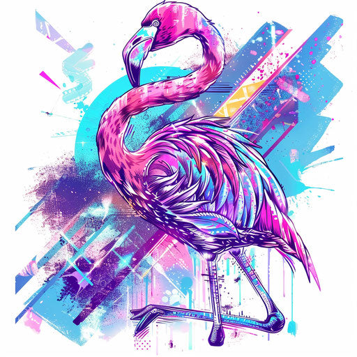 80's retro style flamingo tattoo with neon colors and abstract shapes