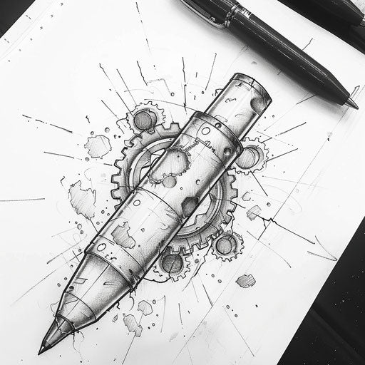 Flat tattoo sketch of a bullet with a mechanical gear and steampunk influences
