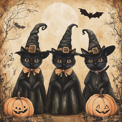 Three black cats witches with pumpkins and bats