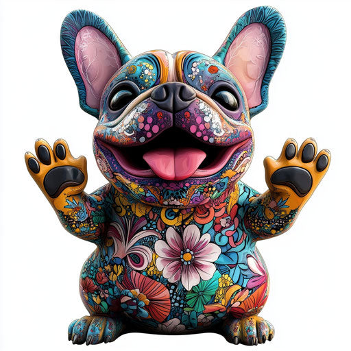 Humorous caricature of a French bulldog with human characteristics and exaggerated nose