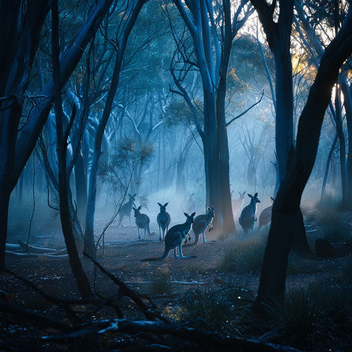 Western grey kangaroos in misty forest at dawn
