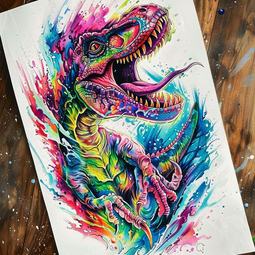 Dinosaur emerging from portal, vibrant color tattoo on white paper